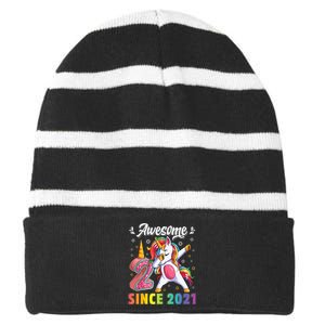 awesome dabbing unicorn birthday 2 year old 2nd Bday Striped Beanie with Solid Band