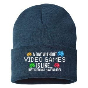 A Day Without Video Games Funny Gamer Sustainable Knit Beanie