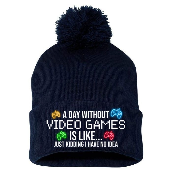 A Day Without Video Games Funny Gamer Pom Pom 12in Knit Beanie