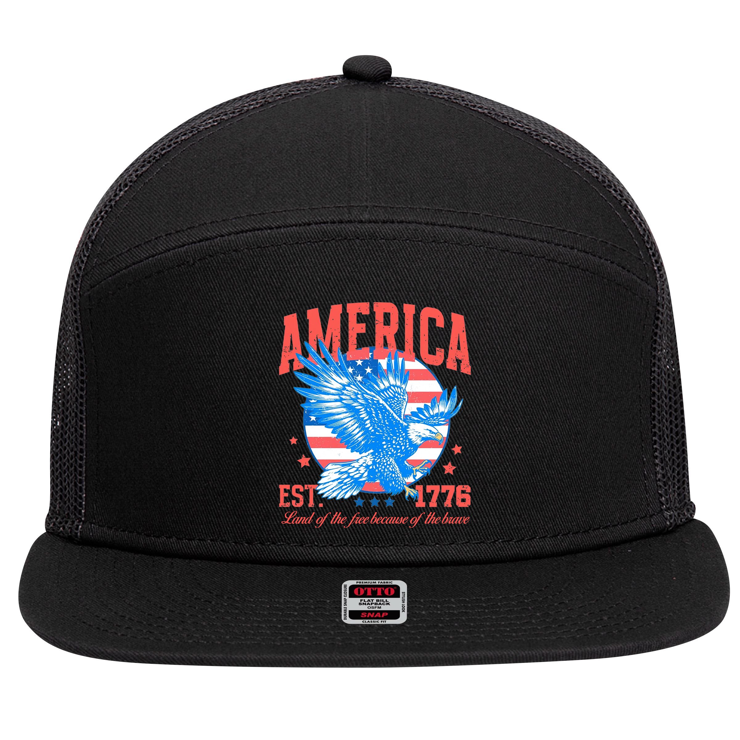 America Est 1776 Land Of The Free Because Of The Brave 7 Panel Mesh Trucker Snapback Hat