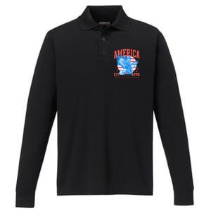 America Est 1776 Land Of The Free Because Of The Brave Performance Long Sleeve Polo