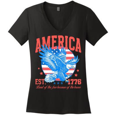 America Est 1776 Land Of The Free Because Of The Brave Women's V-Neck T-Shirt