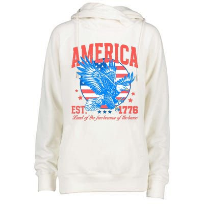 America Est 1776 Land Of The Free Because Of The Brave Womens Funnel Neck Pullover Hood