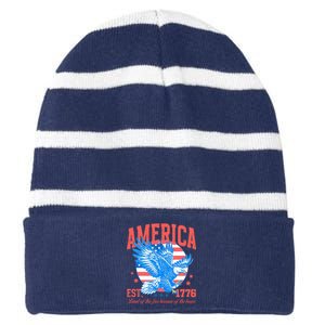 America Est 1776 Land Of The Free Because Of The Brave Striped Beanie with Solid Band