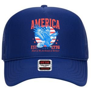 America Est 1776 Land Of The Free Because Of The Brave High Crown Mesh Back Trucker Hat