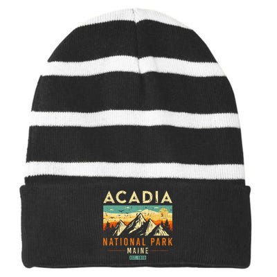 Acadia Est. 1919 Vintage Retro Maine National Park Striped Beanie with Solid Band