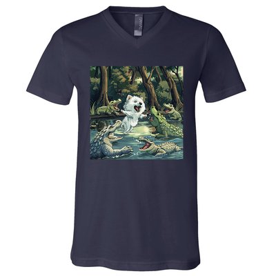 American Eskimo Alligator Fight V-Neck T-Shirt