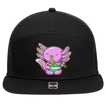 Axolotl Eating A Bowl Of Ramen Anime Funny Cute 7 Panel Mesh Trucker Snapback Hat