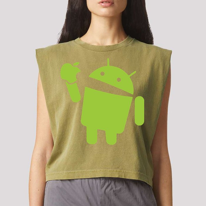 Android Eats Apple Funny Nerd Computer Garment-Dyed Women's Muscle Tee
