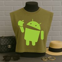 Android Eats Apple Funny Nerd Computer Garment-Dyed Women's Muscle Tee