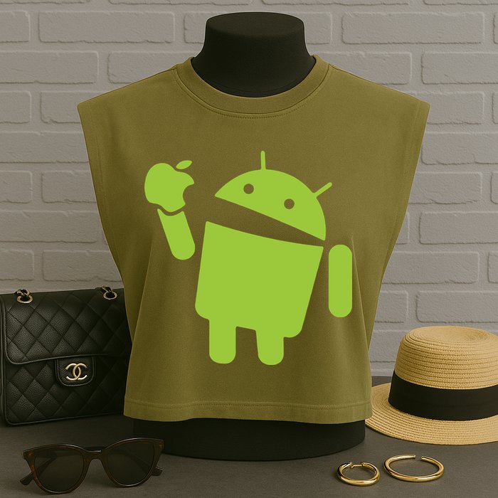 Android Eats Apple Funny Nerd Computer Garment-Dyed Women's Muscle Tee