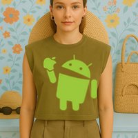 Android Eats Apple Funny Nerd Computer Garment-Dyed Women's Muscle Tee