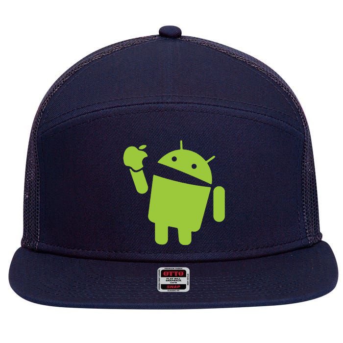 Android Eats Apple Funny Nerd Computer 7 Panel Mesh Trucker Snapback Hat