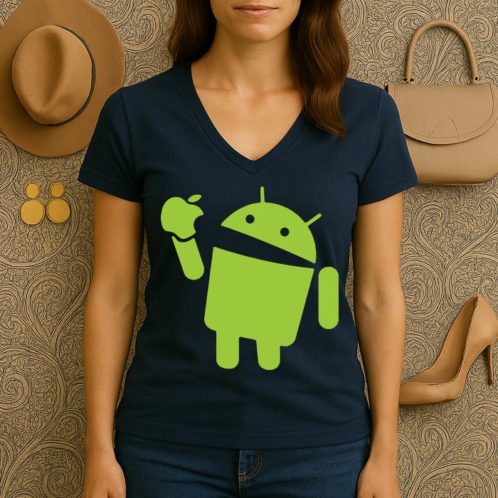 Android Eats Apple Funny Nerd Computer Women's V-Neck T-Shirt
