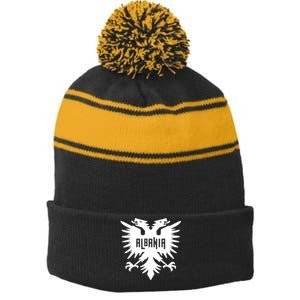 Albanian Eagle Stripe Pom Pom Beanie