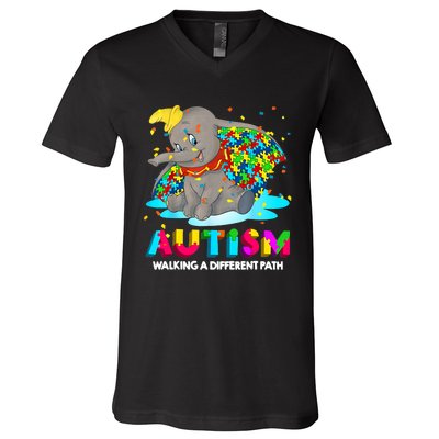 Autism Elephant Dumbo Walking A Different Path Autism V-Neck T-Shirt