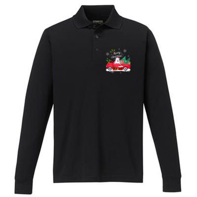 American Eskimo Dog Merry Christmas Reindeer Truck Xmas Tree Performance Long Sleeve Polo