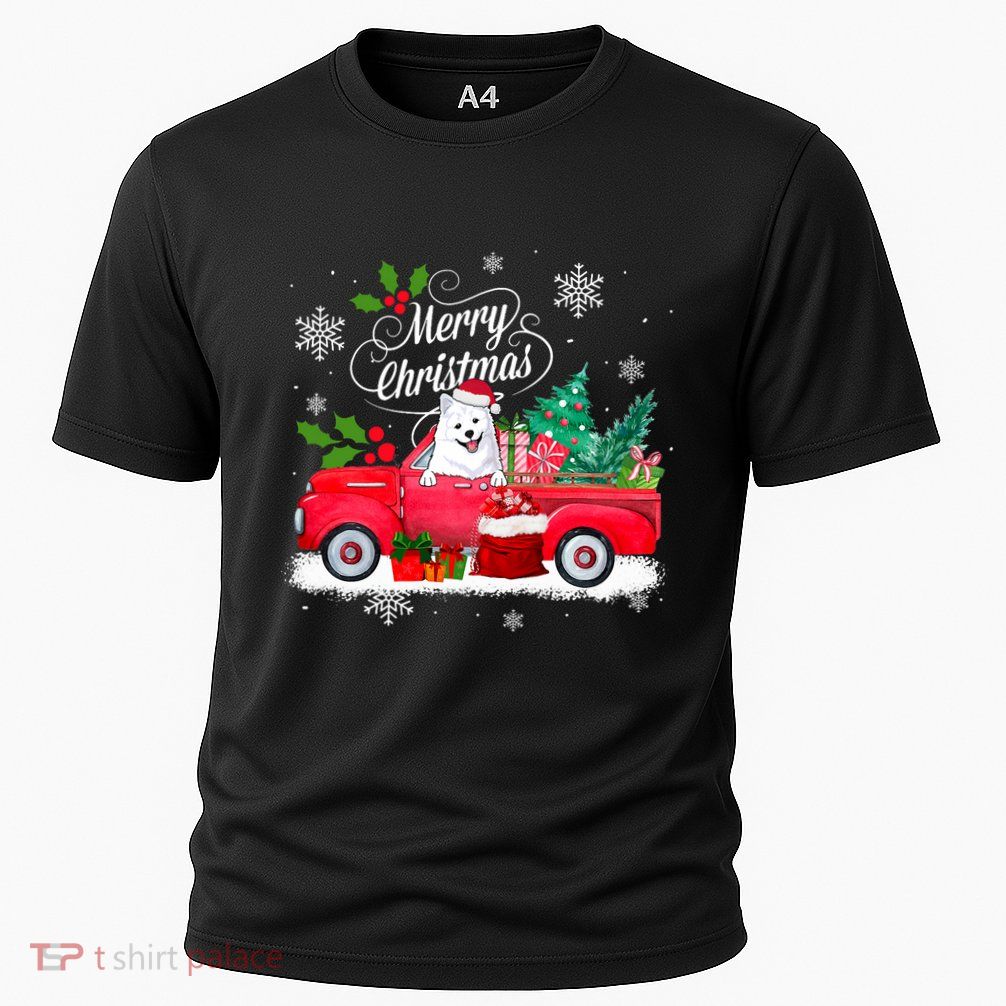 American Eskimo Dog Merry Christmas Reindeer Truck Xmas Tree Cooling Performance Crew T-Shirt