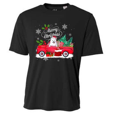 American Eskimo Dog Merry Christmas Reindeer Truck Xmas Tree Cooling Performance Crew T-Shirt