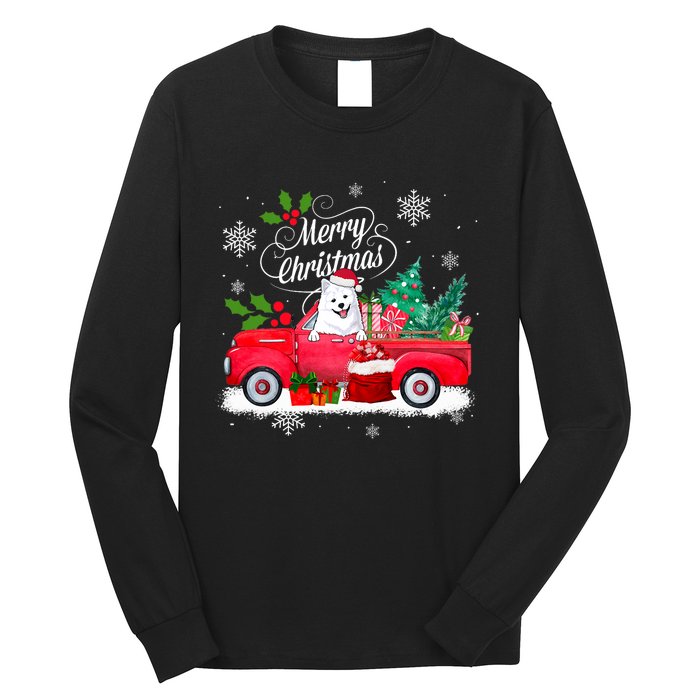 American Eskimo Dog Merry Christmas Reindeer Truck Xmas Tree Long Sleeve Shirt