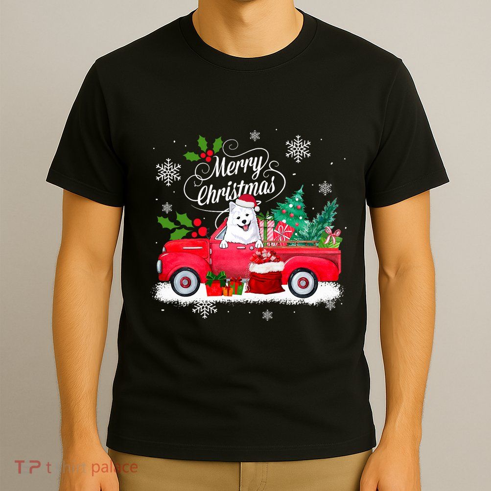 American Eskimo Dog Merry Christmas Reindeer Truck Xmas Tree T-Shirt