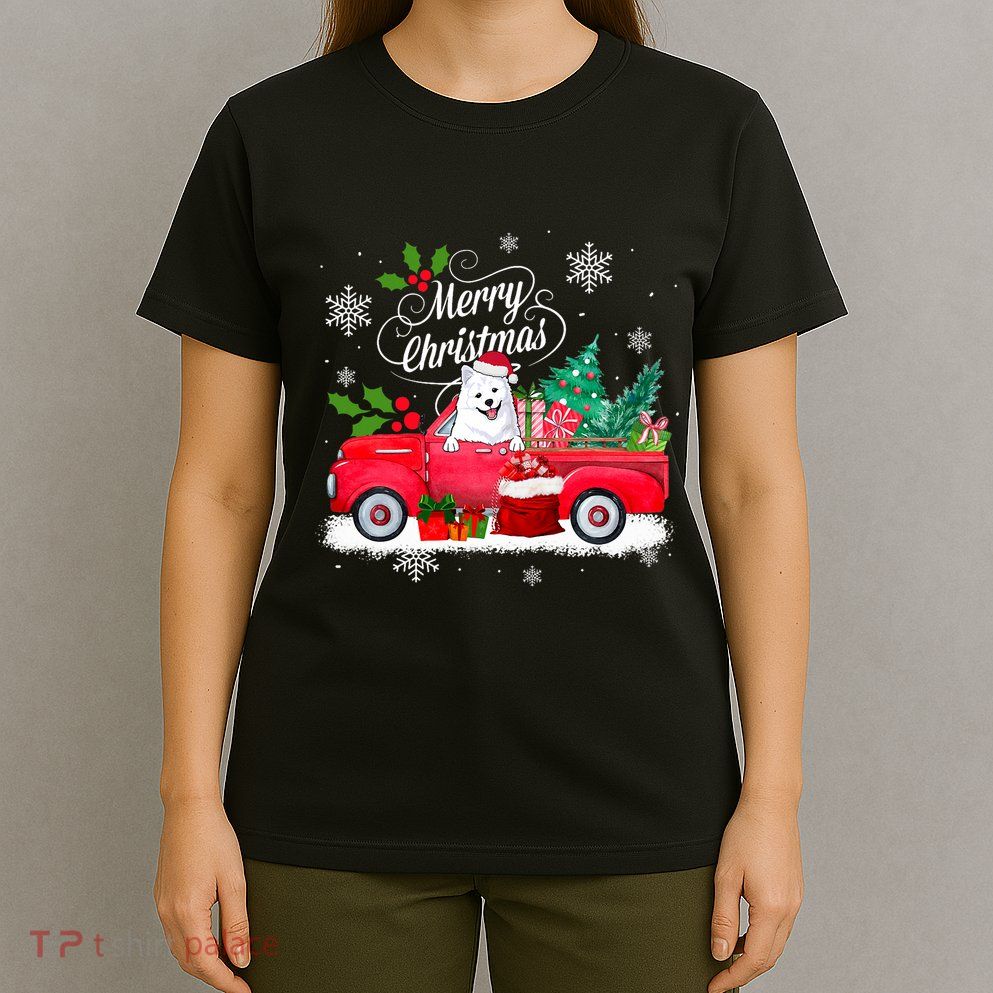 American Eskimo Dog Merry Christmas Reindeer Truck Xmas Tree T-Shirt