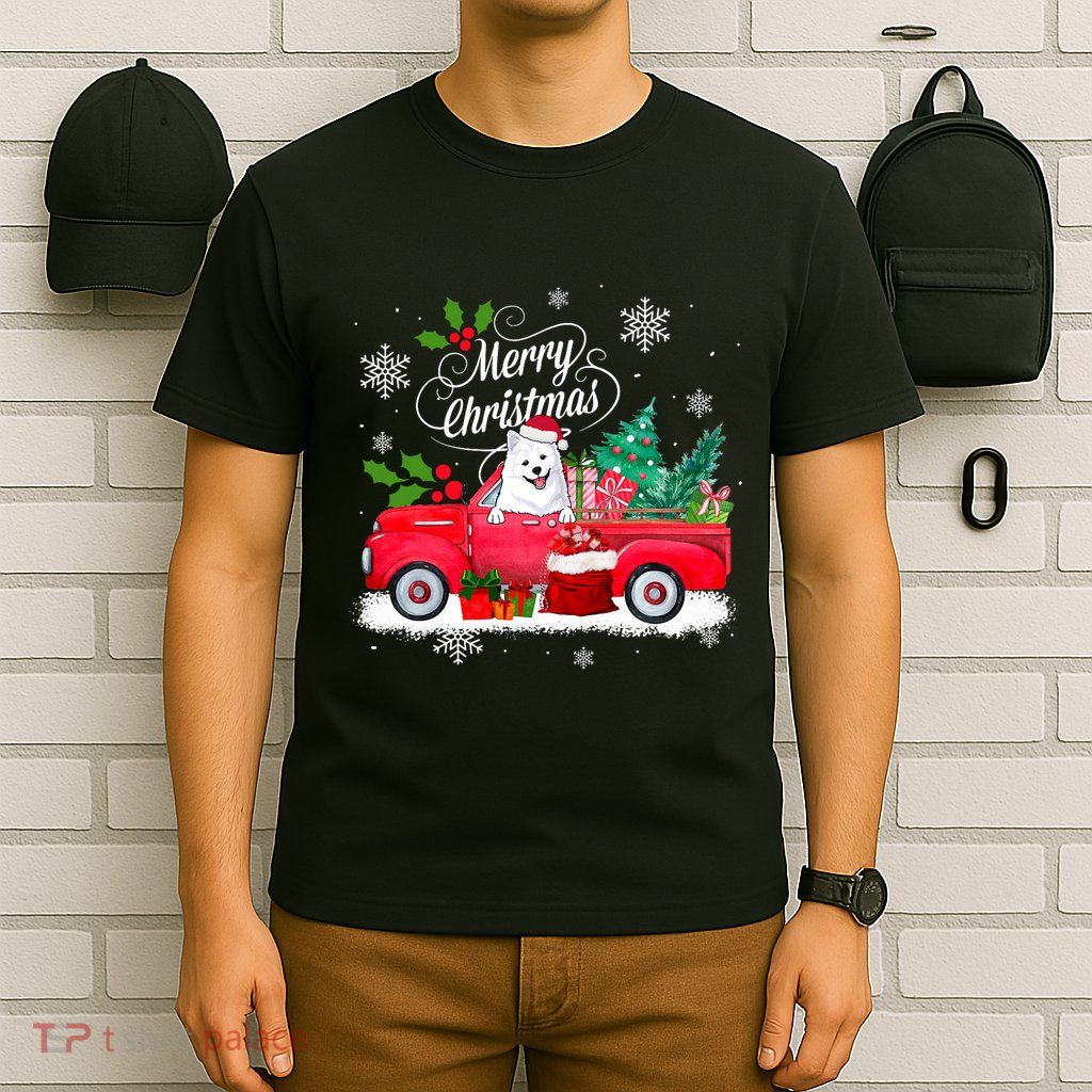 American Eskimo Dog Merry Christmas Reindeer Truck Xmas Tree T-Shirt
