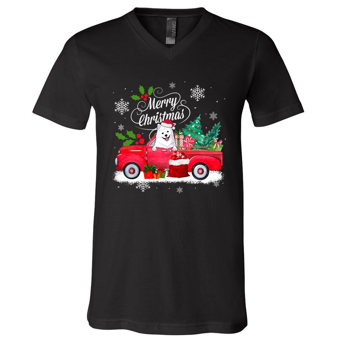 American Eskimo Dog Merry Christmas Reindeer Truck Xmas Tree V-Neck T-Shirt