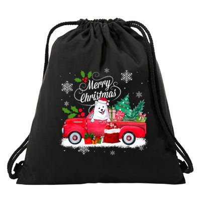 American Eskimo Dog Merry Christmas Reindeer Truck Xmas Tree Drawstring Bag