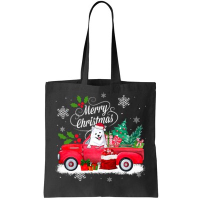 American Eskimo Dog Merry Christmas Reindeer Truck Xmas Tree Tote Bag