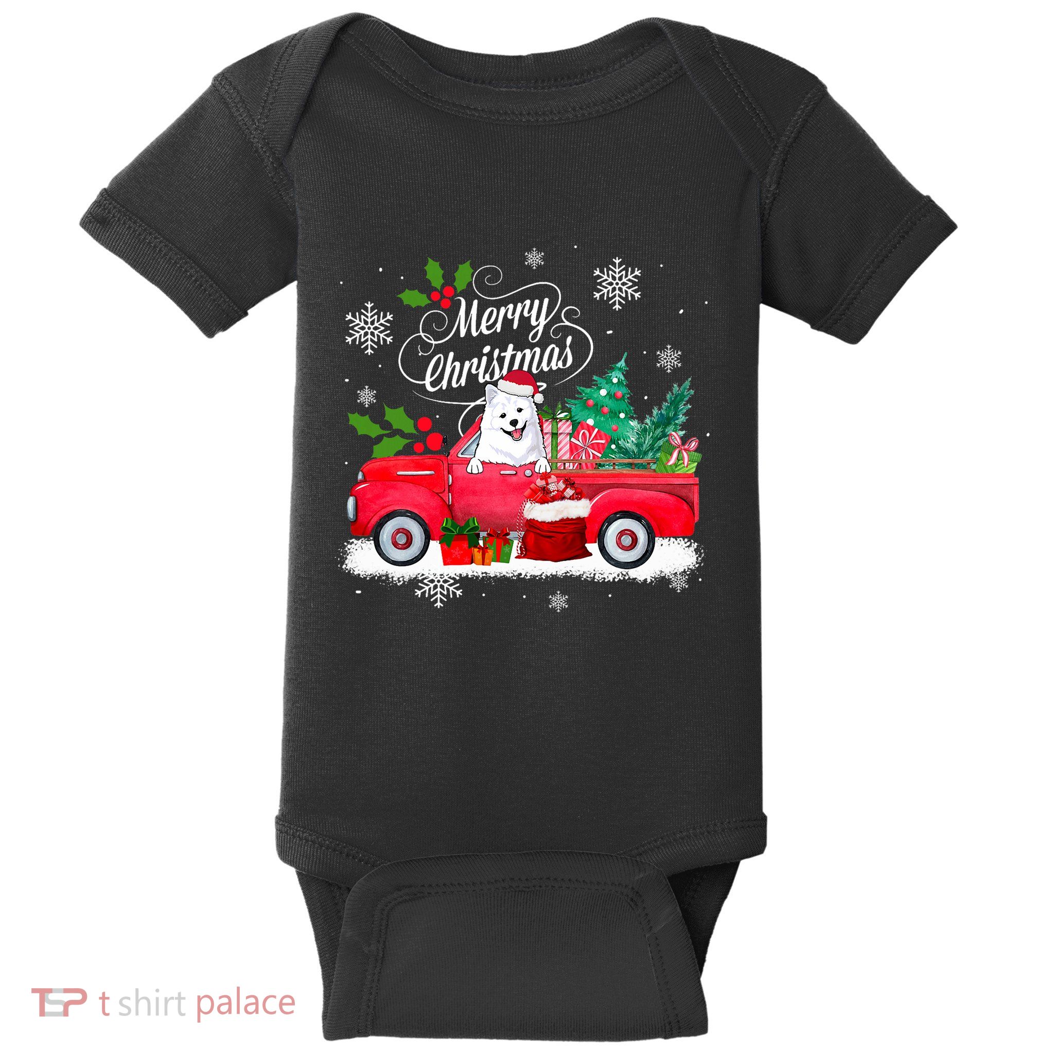 American Eskimo Dog Merry Christmas Reindeer Truck Xmas Tree Baby Bodysuit
