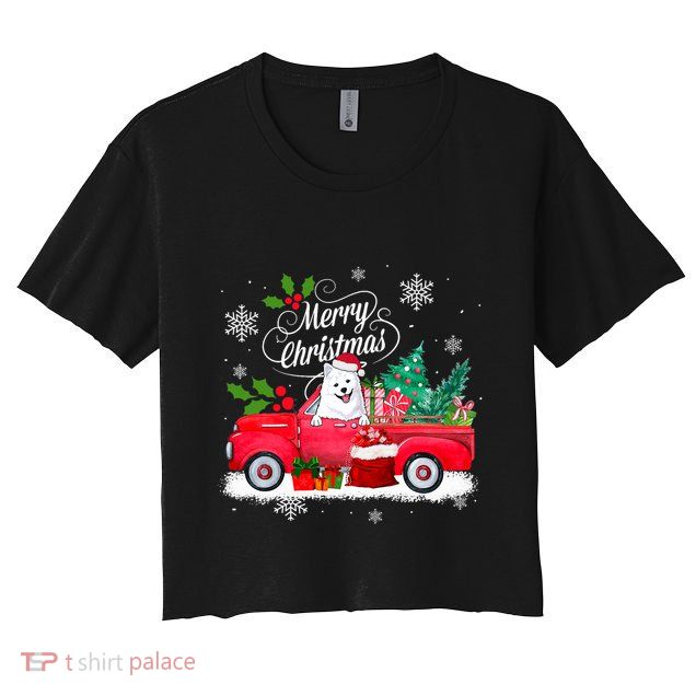 American Eskimo Dog Merry Christmas Reindeer Truck Xmas Tree Crop Top