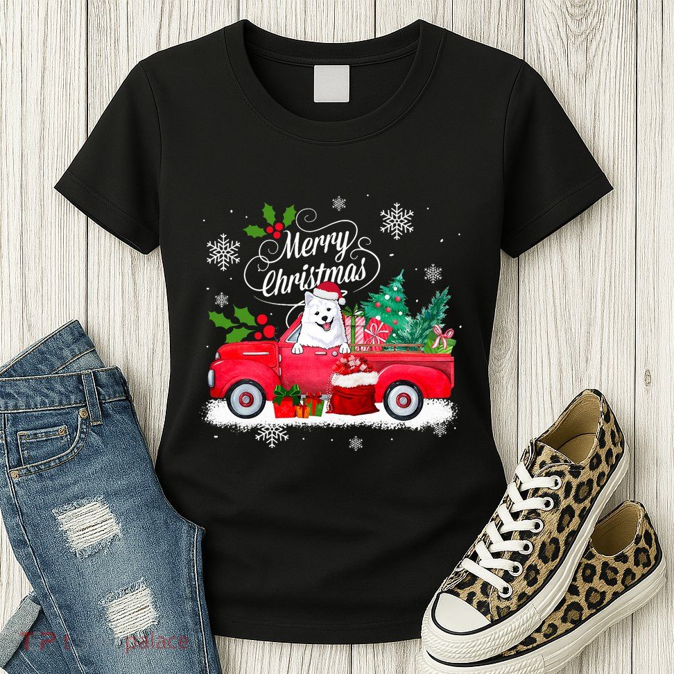 American Eskimo Dog Merry Christmas Reindeer Truck Xmas Tree Womens T-Shirt