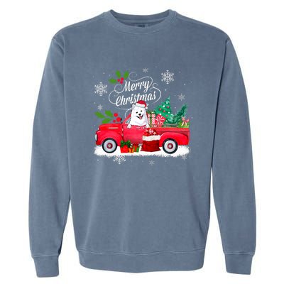 American Eskimo Dog Merry Christmas Reindeer Truck Xmas Tree Garment-Dyed Sweatshirt