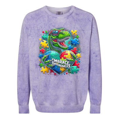 Autism Embrace Differences Dinosaur Trex Puzzle Gift Colorblast Crewneck Sweatshirt