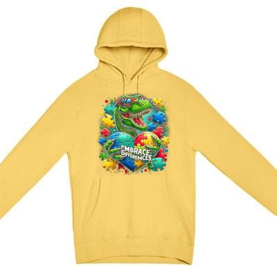 Autism Embrace Differences Dinosaur Trex Puzzle Gift Premium Pullover Hoodie