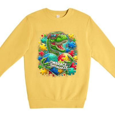 Autism Embrace Differences Dinosaur Trex Puzzle Gift Premium Crewneck Sweatshirt