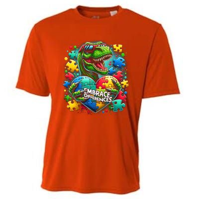 Autism Embrace Differences Dinosaur Trex Puzzle Gift Cooling Performance Crew T-Shirt