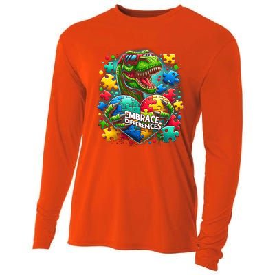 Autism Embrace Differences Dinosaur Trex Puzzle Gift Cooling Performance Long Sleeve Crew