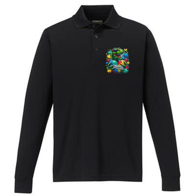 Autism Embrace Differences Dinosaur Trex Puzzle Gift Performance Long Sleeve Polo