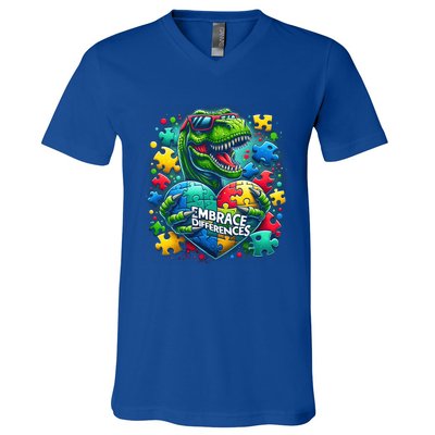 Autism Embrace Differences Dinosaur Trex Puzzle Gift V-Neck T-Shirt