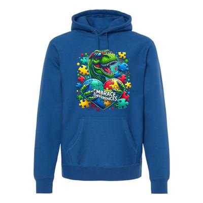 Autism Embrace Differences Dinosaur Trex Puzzle Gift Premium Hoodie