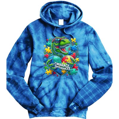 Autism Embrace Differences Dinosaur Trex Puzzle Gift Tie Dye Hoodie