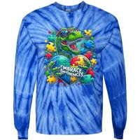 Autism Embrace Differences Dinosaur Trex Puzzle Gift Tie-Dye Long Sleeve Shirt