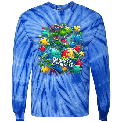 Autism Embrace Differences Dinosaur Trex Puzzle Gift Tie-Dye Long Sleeve Shirt