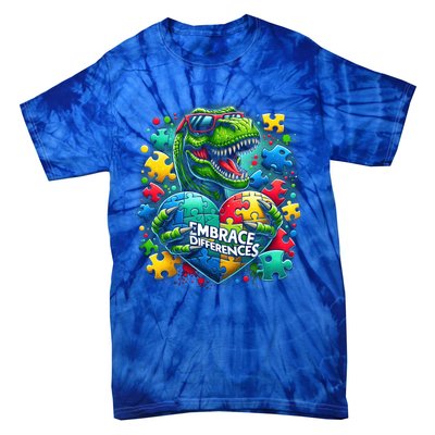 Autism Embrace Differences Dinosaur Trex Puzzle Gift Tie-Dye T-Shirt