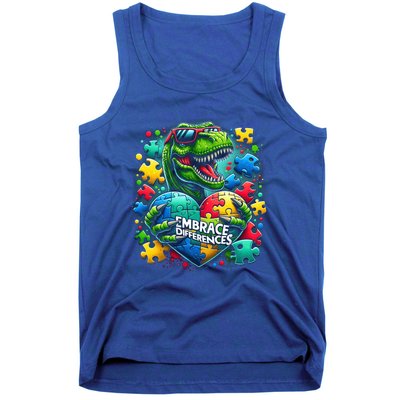 Autism Embrace Differences Dinosaur Trex Puzzle Gift Tank Top