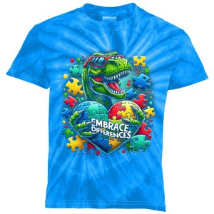 Autism Embrace Differences Dinosaur Trex Puzzle Gift Kids Tie-Dye T-Shirt