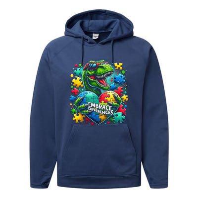 Autism Embrace Differences Dinosaur Trex Puzzle Gift Performance Fleece Hoodie