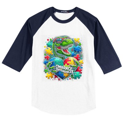 Autism Embrace Differences Dinosaur Trex Puzzle Gift Baseball Sleeve Shirt